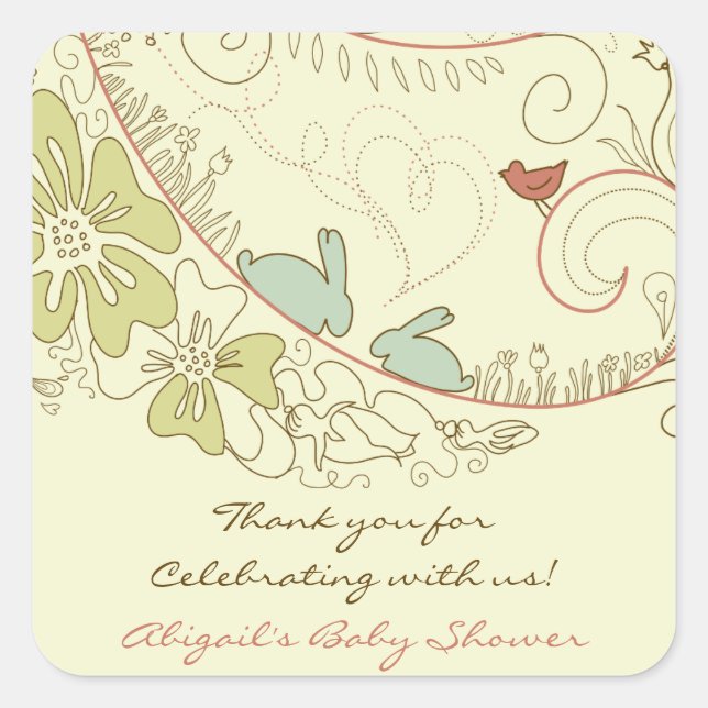 Rabbits and Flowers Neutral Thank You Baby Shower Square Sticker (Front)