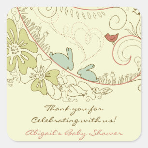 Rabbits and Flowers Neutral Thank You Baby Shower Square Sticker