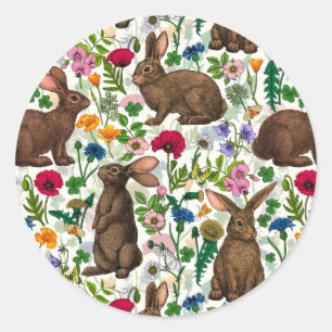 Rabbits and wildflowers classic round sticker