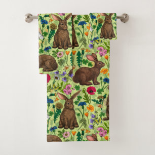 Rabbits and wildflowers on honeydew green bath towel set