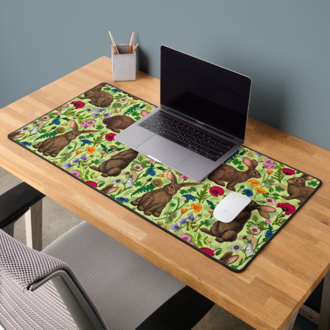 Rabbits and wildflowers on honeydew green desk mat (Office 2)