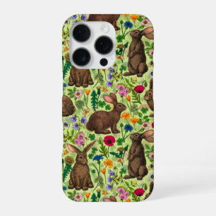 Rabbits and wildflowers on honeydew green iPhone 16 pro case