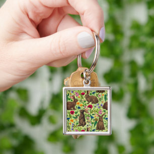 Rabbits and wildflowers on honeydew green key ring