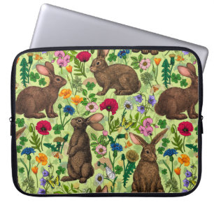 Rabbits and wildflowers on honeydew green laptop sleeve