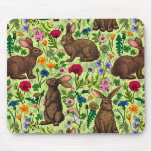 Rabbits and wildflowers on honeydew green mouse pad