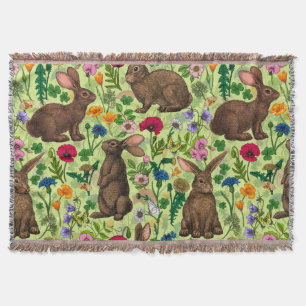 Rabbits and wildflowers on honeydew green throw blanket