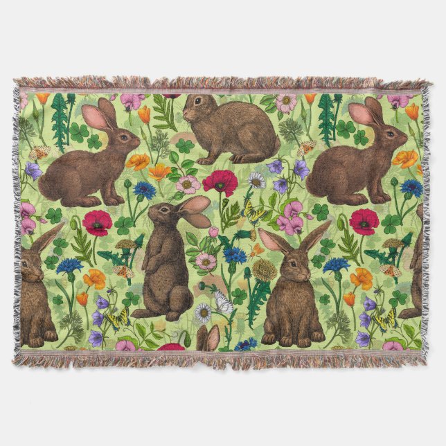 Rabbits and wildflowers on honeydew green throw blanket (Front)