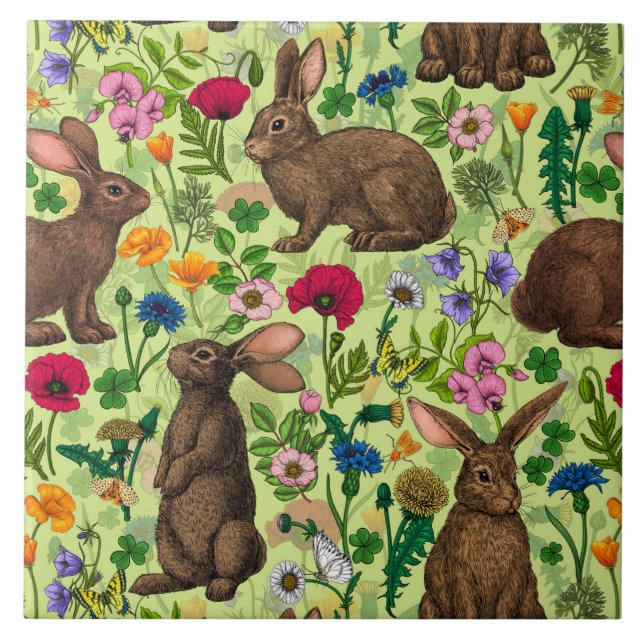 Rabbits and wildflowers on honeydew green tile (Front)
