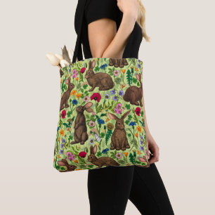 Rabbits and wildflowers on honeydew green tote bag