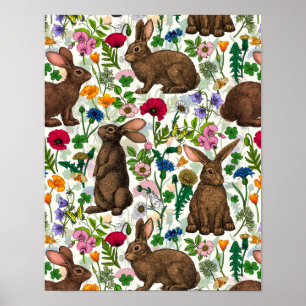 Rabbits and wildflowers poster