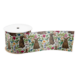 Rabbits and wildflowers satin ribbon