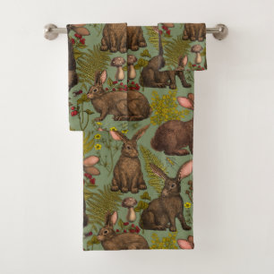 Rabbits and woodland flora Bath Towel Set