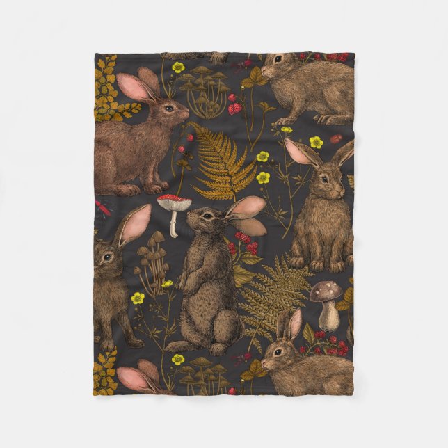 Rabbits and woodland flora Fleece Blanket (Front)