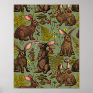 Rabbits and woodland flora Poster