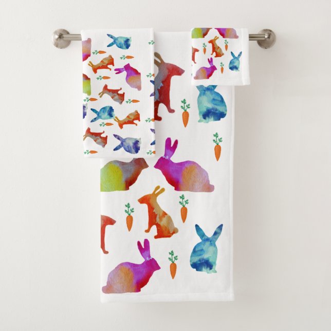 Rabbits Colourful Art , Easter Bath Towel Set (Insitu)