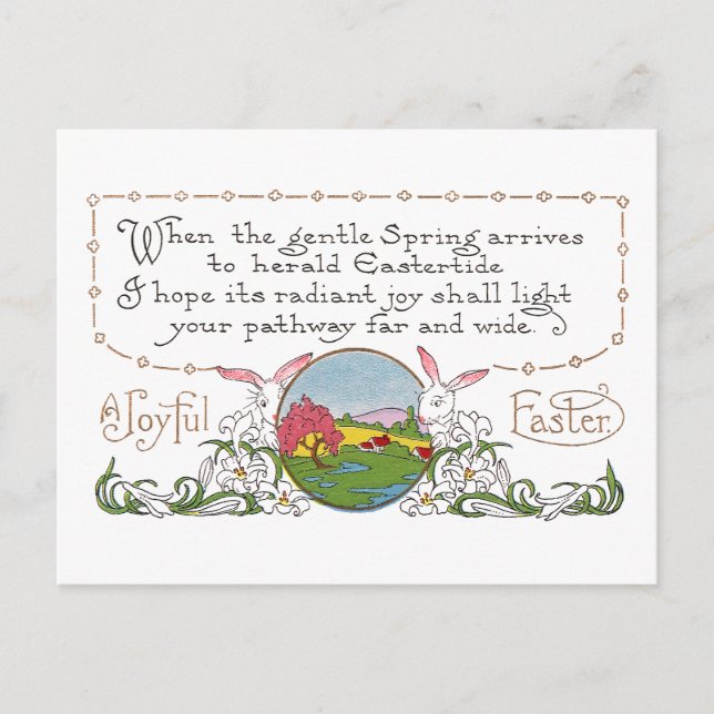 Rabbits, Colourful Spring Scene and Easter Couplet Holiday Postcard (Front)