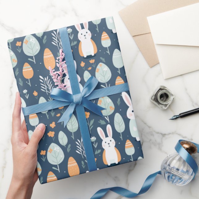 Rabbits Garden Blue And Orange  Wrapping Paper (Gifting)