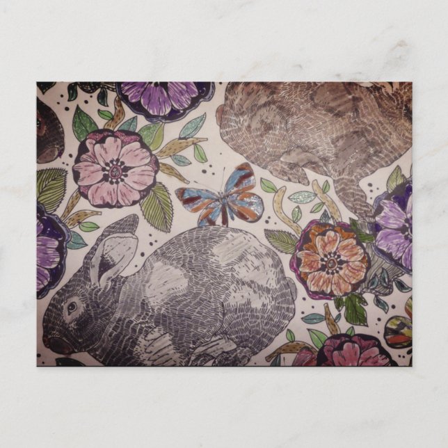 Rabbits Hand Painted Colourful  Postcard (Front)