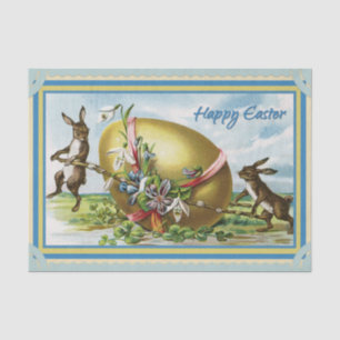 Rabbits Hauling a Large Gold Easter Egg Flowers Tissue Paper