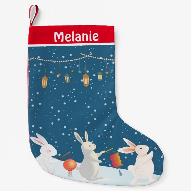 Rabbits Lantern Parade in Snow Personalised Small Christmas Stocking (Front)