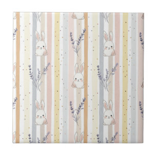 Rabbits Lavender Pastel Botanical Stripes Tile