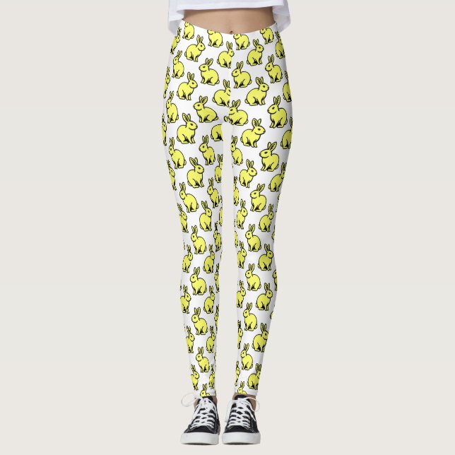 Rabbits Pattern - Black and Lt Yellow Leggings (Front)