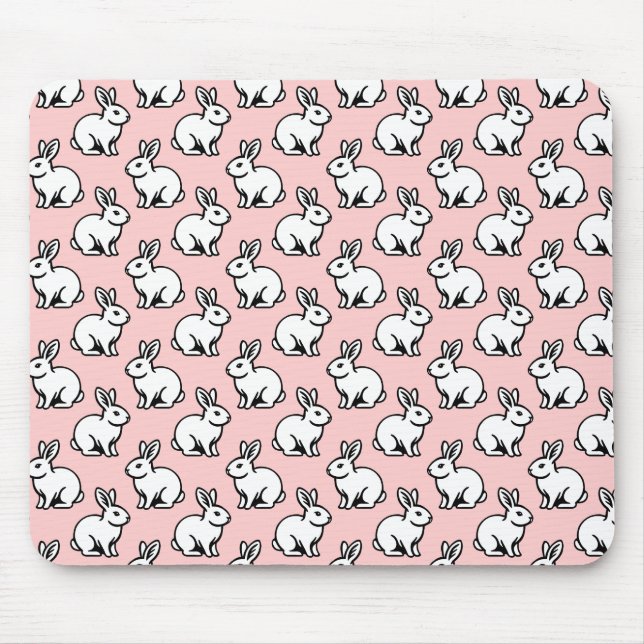 Rabbits Pattern - Black and White with Faded Pink Mouse Pad (Front)