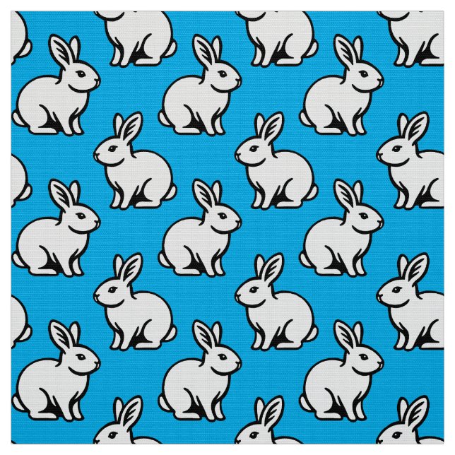 Rabbits Pattern - Black and White with Sky Blue Fabric (Swatch)