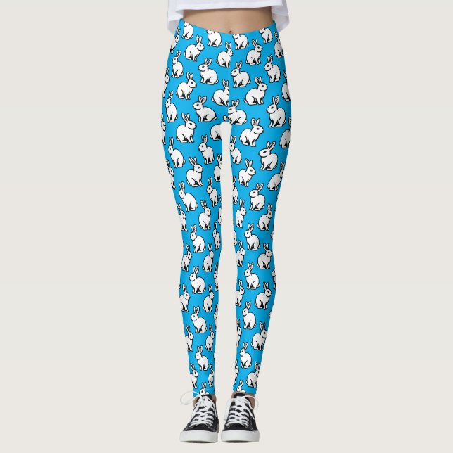 Rabbits Pattern - Black and White with Sky Blue Leggings (Front)