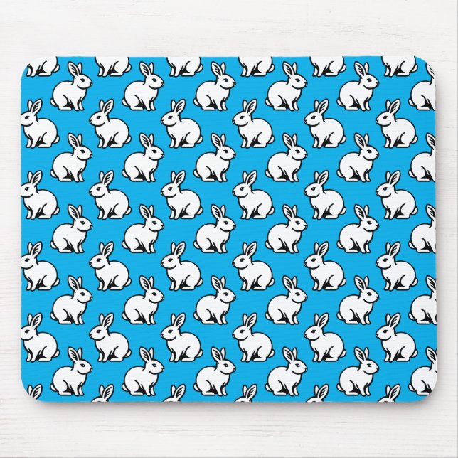 Rabbits Pattern - Black and White with Sky Blue Mouse Pad (Front)
