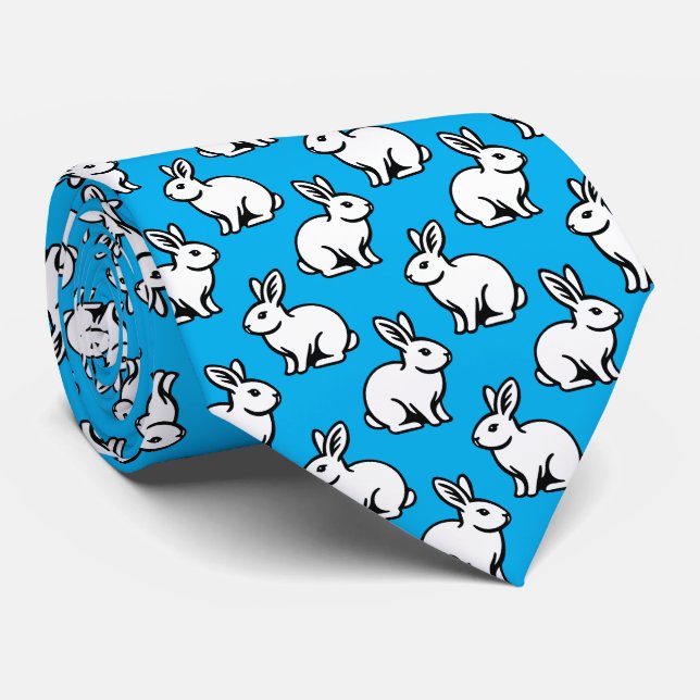 Rabbits Pattern - Black and White with Sky Blue Tie (Rolled)