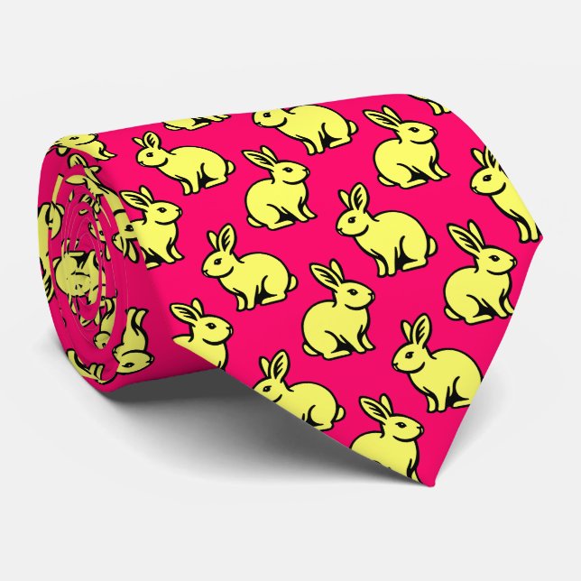 Rabbits Pattern - Lt Yellow, Black and Neon Red Tie (Rolled)