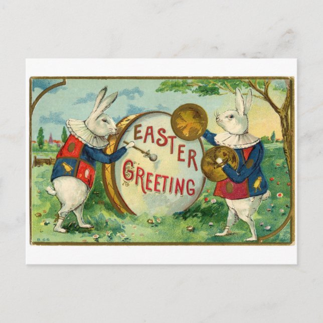 Rabbits playing drum Antique Easter greetings Holiday Postcard (Front)