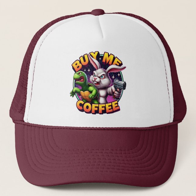 Rabbits Revenge: Tortoise Standoff Buy Me A Coffee Trucker Hat (Front)
