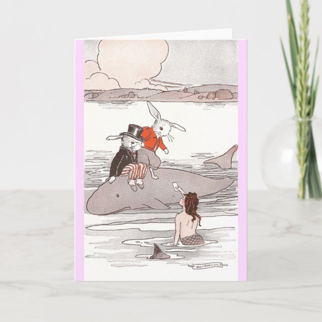 Rabbits Riding Whale Meet Mermaid Card (Front)