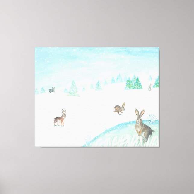 Rabbits Sitting & Jumping On Snow   Canvas Print (Front)