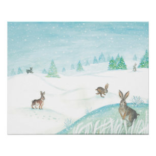 Rabbits Sitting & Jumping On Snow Poster
