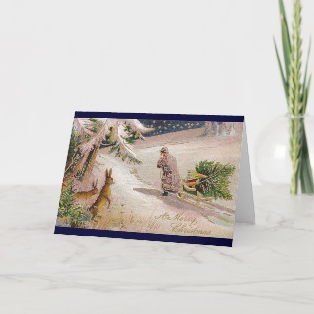Rabbits Watch Santa in Purple Coat Pull Sled Holiday Card (Front)