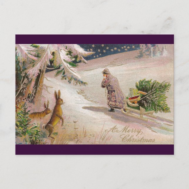 Rabbits Watch Santa in Purple Coat Pull Sled Holiday Postcard (Front)