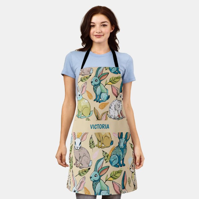 Rabbits Watercolor Custom Pattern Apron (Worn)