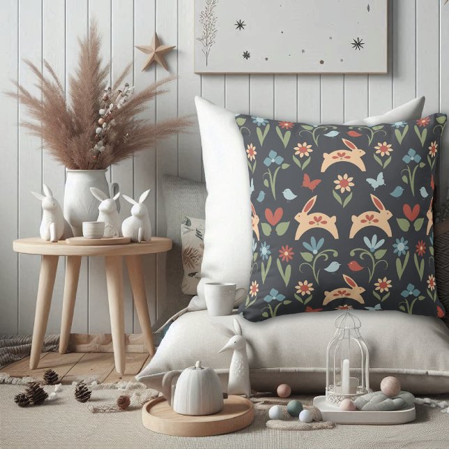 Rabbits Wildflowers Birds Folk Art Cushion (Creator Uploaded)