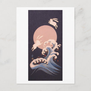 Rabbits with Full Moon and Waves Postcard