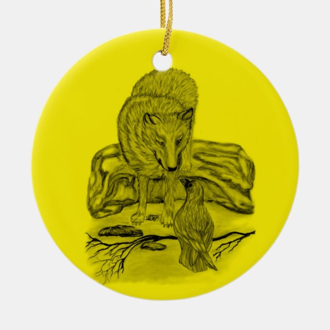Rabe mit Wolf schwarz gelb Design Ceramic Tree Decoration (Front)