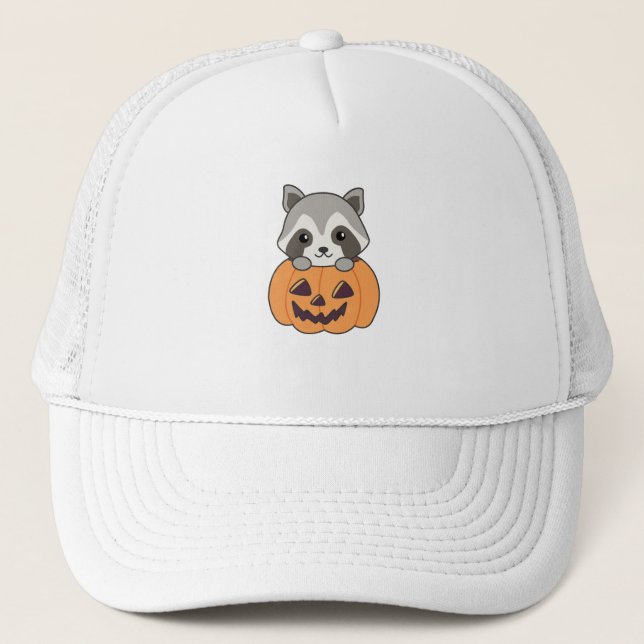 Raccin In Pumpkin Sweet Racoon Happy Halloween Trucker Hat (Front)