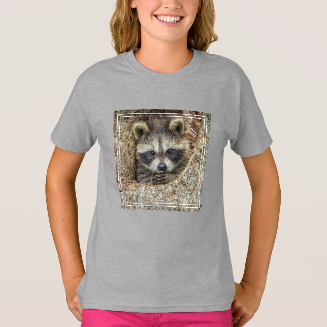 Raccon Nestled Inside a Tree Hollow T-Shirt (Front)