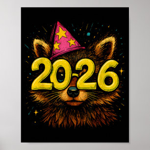 Raccoon 2026 Party Gles Funny New Year Celebration Poster