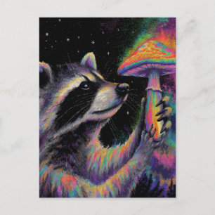 Raccoon and a Neon Chalk Mushroom at Night Postcard