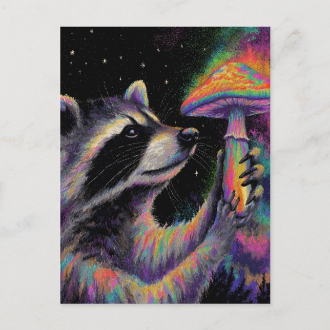 Raccoon and a Neon Chalk Mushroom at Night Postcard (Front)
