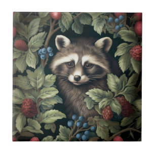 Raccoon and berries inspired by William Morris Tile