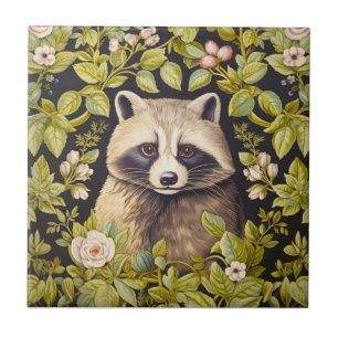 Raccoon and green leaves inspired William Morris Tile